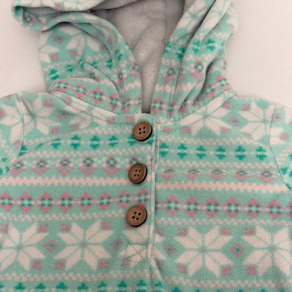 Carters Baby Girl 18M Mint Green Fair Isle Snowflake Fleece Hooded Jumpsuit